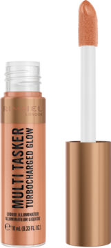 Rimmel Multi Tasker Turbocharged Glow, bronzer rozświetlający w rose-gold butelce z wyjętym aplikatorem.