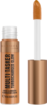 Rimmel Multi Tasker Turbocharged Glow bronzer rozświetlający It's Giving Bronze w butelce, z wyjętym aplikatorem.