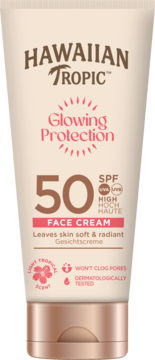 Hawaiian Tropic Glowing Protection Face Cream SPF 50 w beżowej tubce z różowo-złotą nakrętką, widok z przodu.