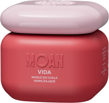 MOAN VIDA nawilżające masło do ciała w matowym, koralowym słoiczku z jasnoróżową pokrywką.