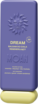Fioletowy balsam do ciała DREAM MOAN, regenerujący, z ceramidami, 98% naturalny, na żółtej podstawie.