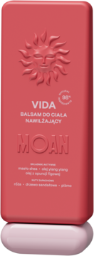 Różowy balsam do ciała VIDA MOAN, nawilżający, z wytłoczonym słońcem, masłem shea i zapachem róży, widok z przodu.