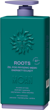 ROOTS MOAN Żel pod prysznic męski energetyzujący, turkusowa butelka z lawendową pompką, widok z przodu.