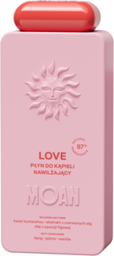 Różowa butelka MOAN Płyn do Kąpieli Nawilżający z koralowym korkiem i tłoczonym słońcem, widok z przodu.