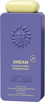 Fioletowy MOAN DREAM Regenerujący płyn do kąpieli w butelce z wytłoczonym słońcem, żółta nakrętka, front.