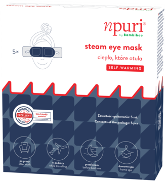 Biało-granatowe pudełko npuri Steam Eye Mask, 5 szt. samonagrzewających masek na oczy, widok z przodu, z ikonami zastosowań.