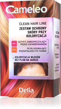 Delia Cameleo Clean Hair Line, zestaw do ochrony skóry przy koloryzacji, różowe pudełko z tekstem, lekko pod kątem.