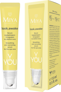 MIYA Y.YOU look.awake serum pod oczy 15ml, żółta tubka z aplikatorem obok kartonika, widok z przodu.