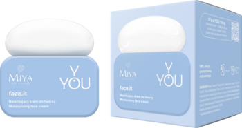 MIYA Y.YOU nawilżający krem do twarzy 50ml w niebieskim słoiczku i opakowaniu; widok z przodu i z boku pudełka.
