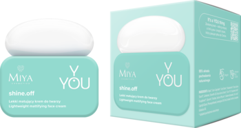 MIYA Y.YOU shine.off Matujący krem 50ml w turkusowym słoiczku z białą nakrętką, obok pudełka na białym tle.