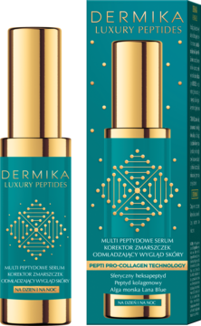 Dermika Luxury Peptides Multi Peptydowe Serum, złoto-niebieska butelka i pudełko z napisem Pepti Pro-Collagen Technology.