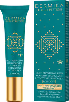 Dermika Luxury Peptides, krem pod oczy przeciw zmarszczkom, intensywnie liftingujący, w turkusowej tubce i pudełku.