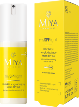 MIYA mySPFlight ultra-lekki krem SPF 50, biała butelka z pompką i żółte pudełko, widok z przodu.