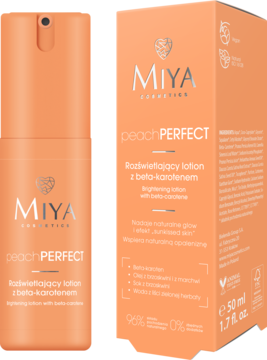 MIYA peachPERFECT Rozświetlający lotion z beta-karotenem 50ml, brzoskwiniowa butelka z pompką, obok dopasowane pudełko.
