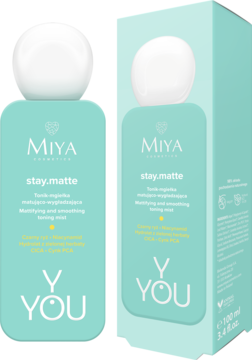MIYA Y.YOU stay.matte tonik-mgiełka matująca 100ml. Turkusowa butelka i pudełko produktu na białym tle.