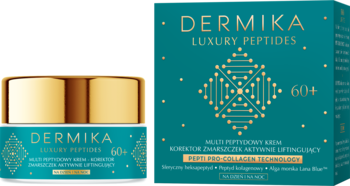 Dermika Luxury Peptides 60+ Multi Peptydowy krem przeciwzmarszczkowy w tealowym opakowaniu i złoty słoiczek.