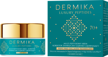 Dermika Luxury Peptides 70+ krem, turkusowo-złote pudełko z dwoma słoiczkami, widok z przodu.