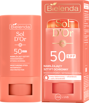 Koralowy sztyft Bielenda Sol D'Or 50 SPF nawilżający, widoczny wraz z kartonowym opakowaniem z przodu.