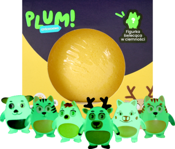 Kula do kąpieli Plum! Czyściochowo, żółta, z 6 zielonymi figurkami zwierząt świecącymi w ciemności, widok z przodu.