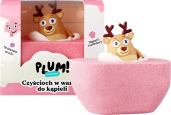 Plum! Czyściochowo kula kąpielowa z brązowym reniferem, różowa, malinowa, widok produktu i opakowania.