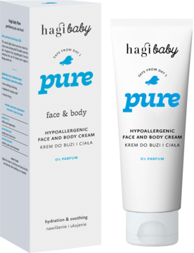 Biała tubka i kartonik Hagi baby Pure, hipoalergiczny krem do twarzy i ciała z niebieskim napisem Pure, widok z przodu.