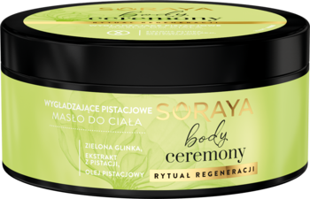 Wygładzające pistacjowe masło do ciała Soraya Body Ceremony z zieloną glinką w zielono-czarnym słoiku.