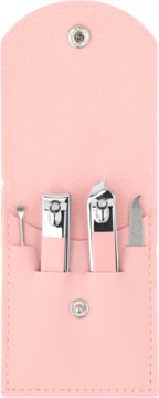 Eloy mini zestaw manicure różowy, otwarty, z metalowymi cążkami i pilnikiem w różowym etui na zatrzaski.
