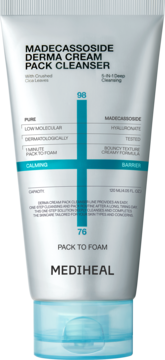 Mediheal Madecassoside Derma Cream Pack Cleanser, biała tubka z niebieską nakrętką, funkcja Pack to Foam.