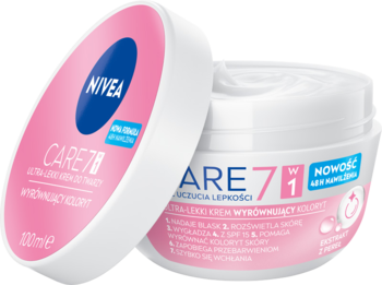 NIVEA CARE 7w1 Ultralekki krem do twarzy, dwa białe słoiczki z różowym detalem, widok z przodu i góry.