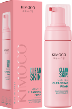 KIMOCO Clean Skin Gentle Cleansing Foam, różowa butelka z pompką obok pudełka, Madecassoside, Rice Ferment.