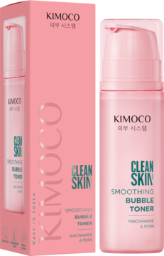 Różowy toner KIMOCO Clean Skin Bubble Toner z Niacynamidem i PDRN, w pudełku i butelce z pompką.