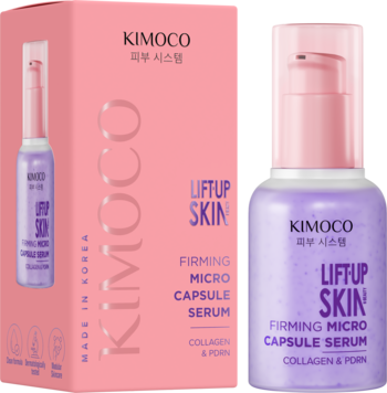 KIMOCO LIFTUP SKIN serum ujędrniające z kolagenem, fioletowa butelka z pompką obok różowego pudełka, widok z przodu.