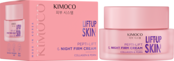 Różowy krem KIMOCO LIFT UP SKIN PEPTI-LIFT na noc, w słoiczku i pudełku, widok z przodu.