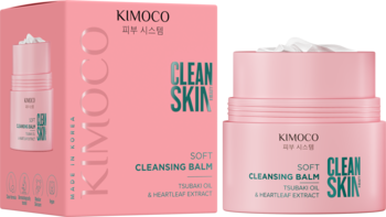 Różowy balsam do demakijażu KIMOCO Clean Skin z olejem tsubaki. Otwarty słoik i pudełko z boku.