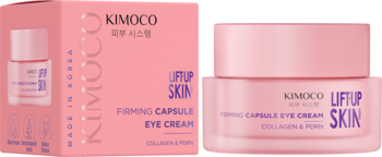 Różowy krem pod oczy Kimoco Lift Up Skin Firming Capsule, w pudełku i otwartym słoiczku.
