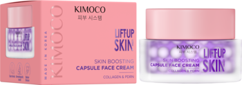Kimoco Lift Up Skin Capsule Face Cream: różowy box i fioletowy słoiczek z kremem, widok z przodu.