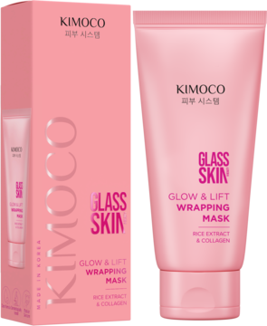 Różowa maska KIMOCO Glass Skin Glow & Lift w tubce, obok pudełka, z kolagenem i ryżem, widok z przodu.