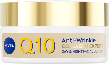 NIVEA Q10 Anti-Wrinkle Collagen Expert masło do twarzy, biały słoik ze złotym wieczkiem i etykietą, widok z przodu.