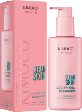 Różowy KIMOCO Clean Skin Low pH Gel Cleanser z fermentem i kwasem hialuronowym; butelka i pudełko, widok z przodu.