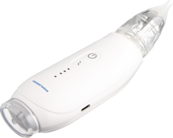 Biały elektryczny aspirator do nosa Canpol babies EasyNatural z przezroczystą końcówką i ładowaniem USB, widok z boku.