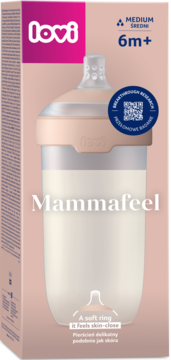 Butelka LOVI Mammafeel 6m+ medium w kartonowym opakowaniu. Kremowa butelka z beżowym pierścieniem, widok z przodu.