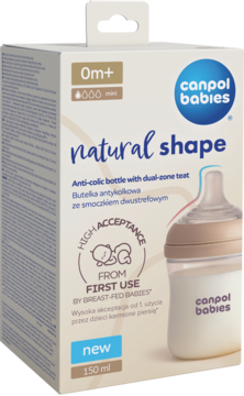 Canpol babies butelka antykolkowa Natural-Shape 150ml ze smoczkiem dwustrefowym, w białym opakowaniu, pod kątem.