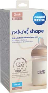Biało-beżowe pudełko butelki Canpol babies natural-shape 260ml, antykolkowej, ze smoczkiem dwustrefowym, widok z przodu.