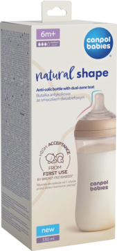 Canpol babies Natural Shape butelka antykolkowa 330 ml z dwustrefowym smoczkiem, w białym opakowaniu, widok z przodu, 6m+.