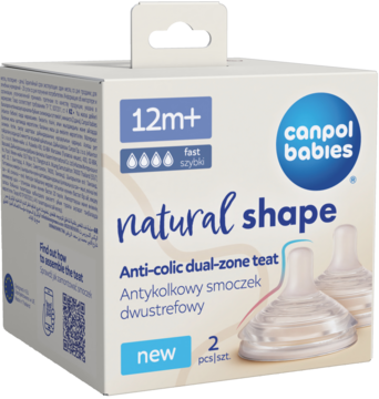 Białe opakowanie smoczków antykolkowych Canpol Babies Natural-Shape 12m+, dwustrefowe, widok z przodu pod kątem.