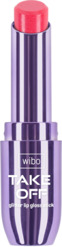 Błyszczyk w sztyfcie Wibo Take Off, fioletowa obudowa, widoczny różowo-koralowy sztyft z brokatem.