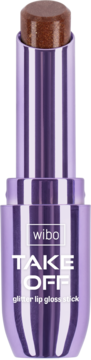 Brązowa, brokatowa pomadka do ust Wibo Take Off, w otwartej, fioletowej tubie z metalicznym połyskiem i paskami.