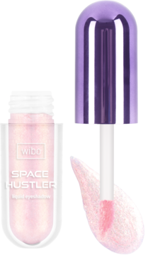 Wibo Space Hustler płynny cień do powiek. Otwarty, opalizujący, jasno różowy, z aplikatorem. Fioletowa nakrętka.