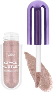 Wibo Space Hustler rose gold, połyskujący, zastygający cień płynny z aplikatorem i test koloru.