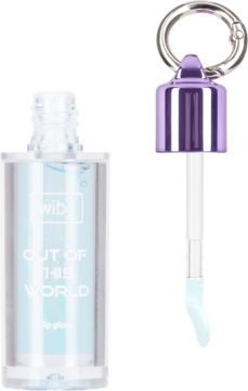 Otwarty błyszczyk wibo OUT OF THIS WORLD z niebieskim płynem, aplikatorem i fioletową nakrętką-brelokiem.